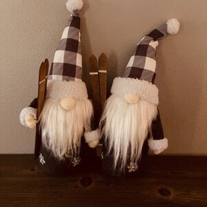 Pair of Winter Black, Gray, and White Buffalo Plaid Ski Gnomes with White Beards